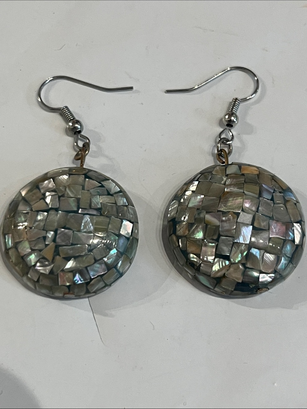 Abalone mosaic shell lucite round dangle earring